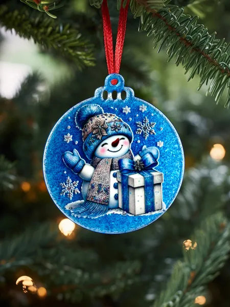 Boule plate plexi et résine Noël fond bleu